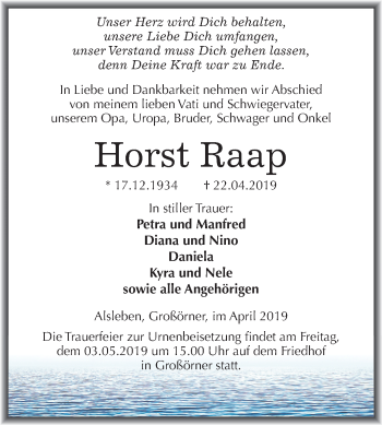 Traueranzeige von Horst Raap von Mitteldeutsche Zeitung