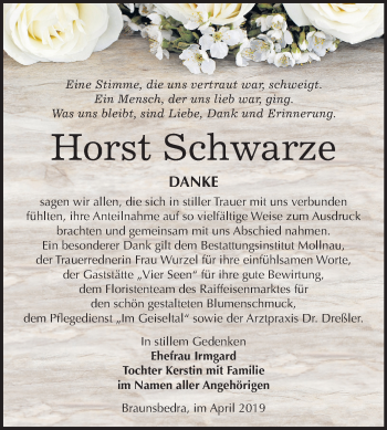 Traueranzeige von Horst Schwarze von Mitteldeutsche Zeitung Merseburg/Querfurt
