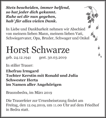 Traueranzeige von Horst Schwarze von WVG - Wochenspiegel Merseburg