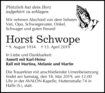 Traueranzeige von Horst Schwope von Mitteldeutsche Zeitung