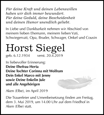 Traueranzeige von Horst Siegel von WVG - Wochenspiegel Dessau / Köthen