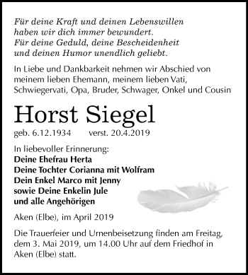 Traueranzeige von Horst Siegel von Mitteldeutsche Zeitung Köthen
