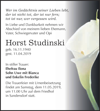 Traueranzeige von Horst Studinski von WVG - Wochenspiegel Bitterfeld