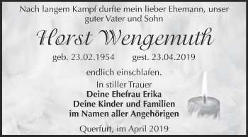 Traueranzeige von Horst Wengemuth von WVG - Wochenspiegel Merseburg