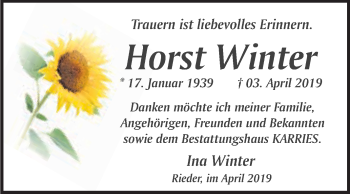 Traueranzeige von Horst Winter von WVG - Wochenspiegel Quedlinburg