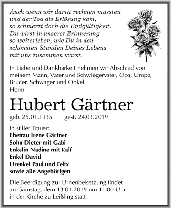 Traueranzeige von Hubert Gärtner von Mitteldeutsche Zeitung Weißenfels