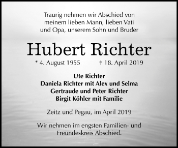Traueranzeige von Hubert Richter von Mitteldeutsche Zeitung