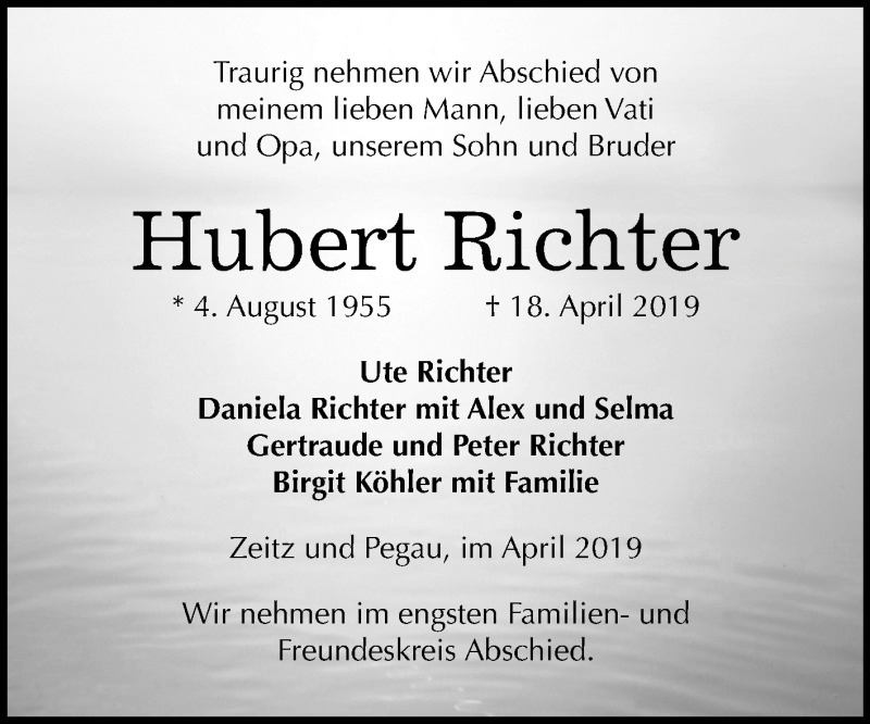  Traueranzeige für Hubert Richter vom 27.04.2019 aus Mitteldeutsche Zeitung