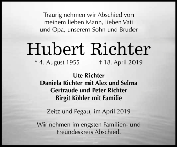 Traueranzeige von Hubert Richter von WVG - Wochenspiegel NMB / WSF / ZTZ