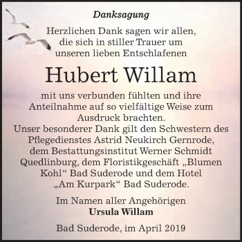 Traueranzeige von Hubert Willam von WVG - Wochenspiegel Quedlinburg