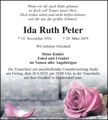 Traueranzeige von Ida Ruth Peter von Mitteldeutsche Zeitung Bitterfeld