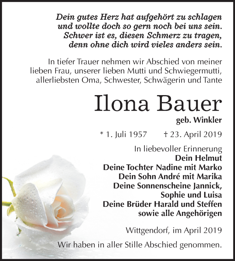  Traueranzeige für Ilona Bauer vom 27.04.2019 aus Mitteldeutsche Zeitung