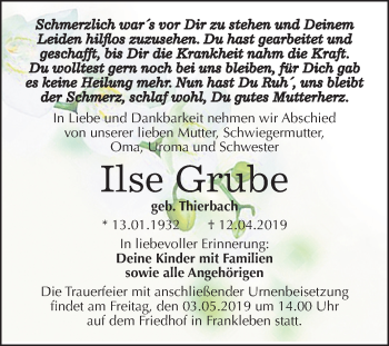 Traueranzeige von Ilse Grube von Mitteldeutsche Zeitung Merseburg/Querfurt