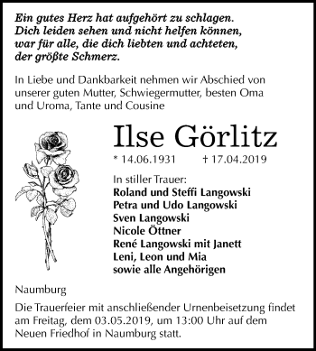 Traueranzeige von Ilse Görlitz von Mitteldeutsche Zeitung