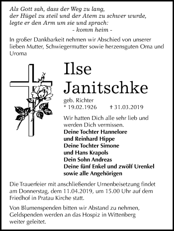 Traueranzeige von Ilse Janitschke von Mitteldeutsche Zeitung Wittenberg