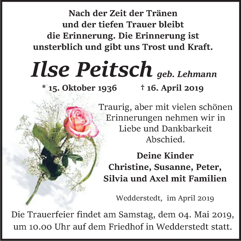  Traueranzeige für Ilse Peitsch vom 27.04.2019 aus WVG - Wochenspiegel Quedlinburg