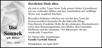 Traueranzeige von Ilse Sonnek von Super Sonntag Aschersleben