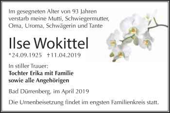Traueranzeige von Ilse Wokittel von Super Sonntag Merseburg