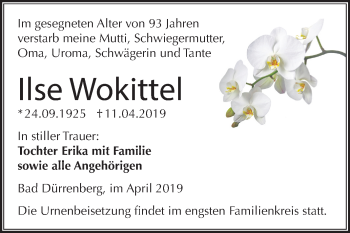 Traueranzeige von Ilse Wokittel von Mitteldeutsche Zeitung Merseburg/Querfurt