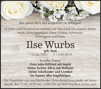 Traueranzeige von Ilse Wurbs von Mitteldeutsche Zeitung