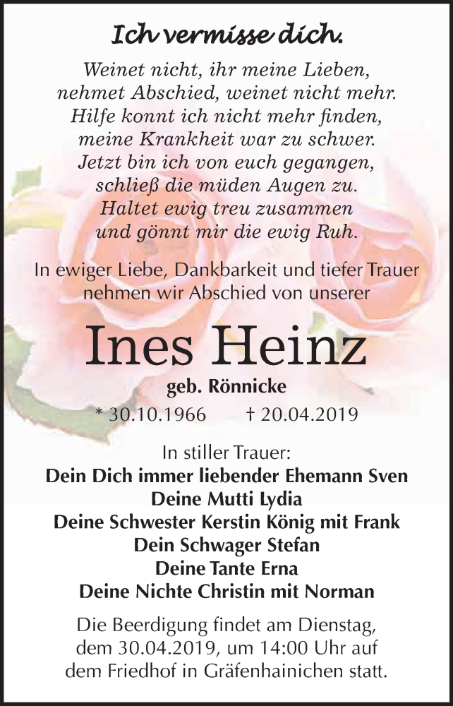  Traueranzeige für Ines Heinz vom 27.04.2019 aus WVG - Wochenspiegel Wittenberg