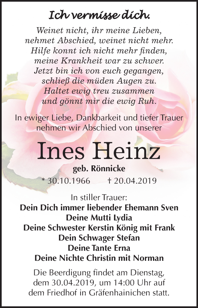  Traueranzeige für Ines Heinz vom 27.04.2019 aus Mitteldeutsche Zeitung