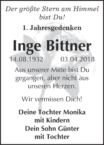 Traueranzeige von Inge Bittner von WVG - Wochenspiegel Dessau / Köthen