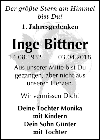 Traueranzeige von Inge Bittner von Mitteldeutsche Zeitung Dessau-Roßlau