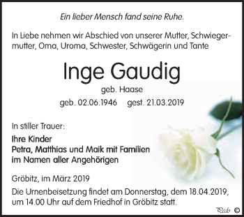 Traueranzeige von Inge Gaudig von WVG - Wochenspiegel NMB / WSF / ZTZ