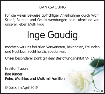Traueranzeige von Inge Gaudig von Mitteldeutsche Zeitung