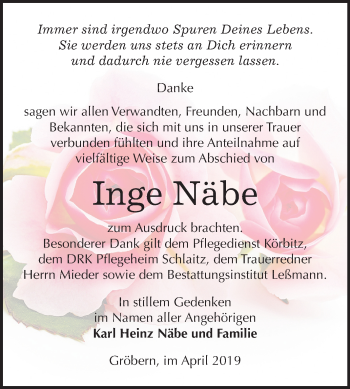 Traueranzeige von Inge Näbe von Mitteldeutsche Zeitung Bitterfeld