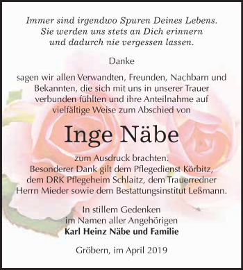 Traueranzeige von Inge Näbe von WVG - Wochenspiegel Bitterfeld