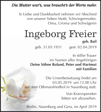 Traueranzeige von Ingeborg Freier von WVG - Wochenspiegel NMB / WSF / ZTZ