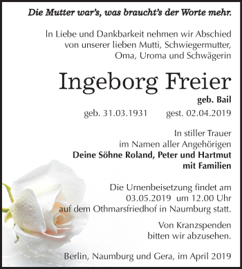 Traueranzeige von Ingeborg Freier von Mitteldeutsche Zeitung Naumburg/Nebra