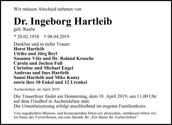 Traueranzeige von Ingeborg Hartleib von Mitteldeutsche Zeitung Aschersleben