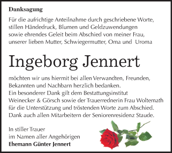 Traueranzeige von Ingeborg Jennert von Mitteldeutsche Zeitung Bernburg
