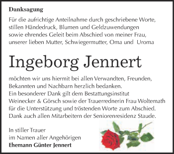 Traueranzeige von Ingeborg Jennert von Super Sonntag Bernburg