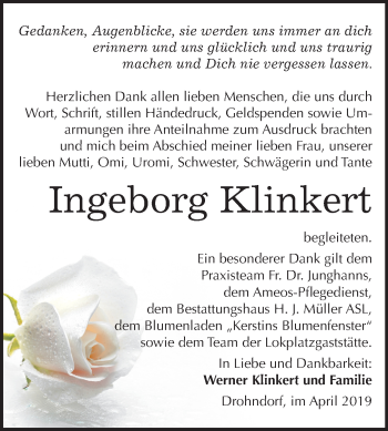 Traueranzeige von Ingeborg Klinkert von Mitteldeutsche Zeitung