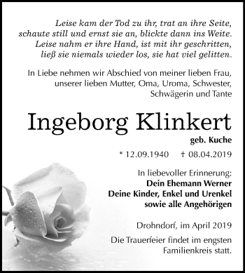 Traueranzeige von Ingeborg Klinkert von Mitteldeutsche Zeitung Aschersleben