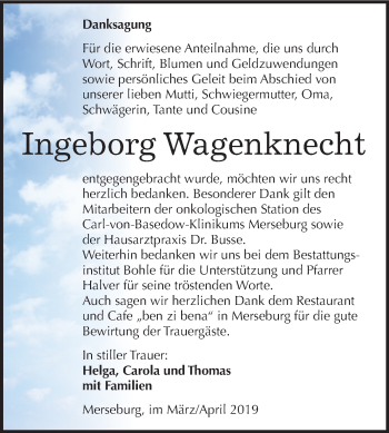 Traueranzeige von Ingeborg Wagenknecht von Mitteldeutsche Zeitung Merseburg/Querfurt