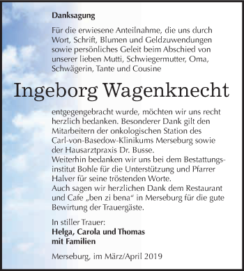 Traueranzeige von Ingeborg Wagenknecht von WVG - Wochenspiegel Merseburg