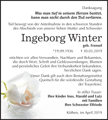 Traueranzeige von Ingeborg Winter von Mitteldeutsche Zeitung