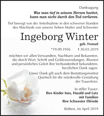Traueranzeige von Ingeborg Winter von WVG - Wochenspiegel Dessau / Köthen