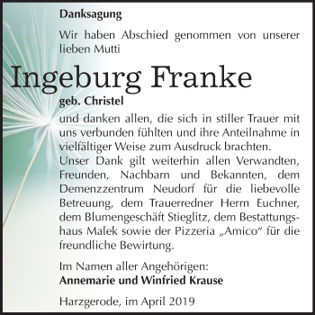 Traueranzeige von Ingeburg Franke von Mitteldeutsche Zeitung
