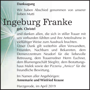 Traueranzeige von Ingeburg Franke von WVG - Wochenspiegel Quedlinburg