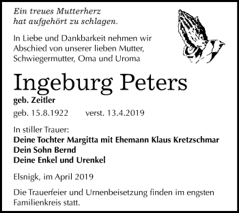 Traueranzeige von Ingeburg Peters von WVG - Wochenspiegel Dessau / Köthen