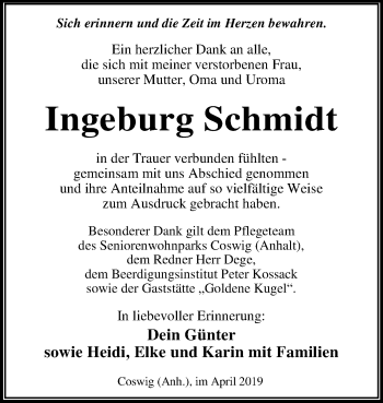 Traueranzeige von Ingeburg Schmidt von WVG - Wochenspiegel Dessau / Köthen