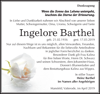 Traueranzeige von Ingelore Barthel von Mitteldeutsche Zeitung Mansfelder Land