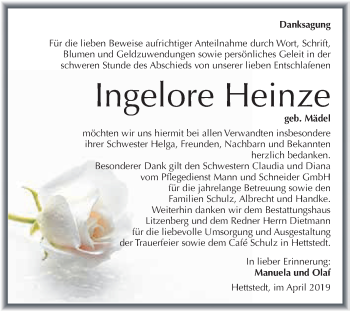 Traueranzeige von Ingelore Heinze von Super Sonntag SGH Mansf. Land
