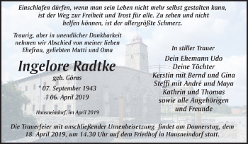 Traueranzeige von Ingelore Radtke von Mitteldeutsche Zeitung Quedlinburg